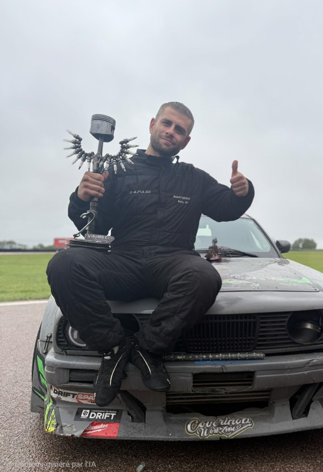Anthony avec un trophée auprès de sa BMW E30 — photo 1
